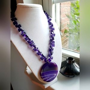 Purple Gemstone Necklace For sale--handmade agate pendant & amethysts W/ clasp.
